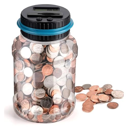 BARAC Hucha Electronica Adulto con Pantalla LCD, Automático Contador de Monedas Euros, Alcancias Digital, Transparente Gran Capacidad Caja de Dinero, Regalo Tarro Ahorro (1.8L)