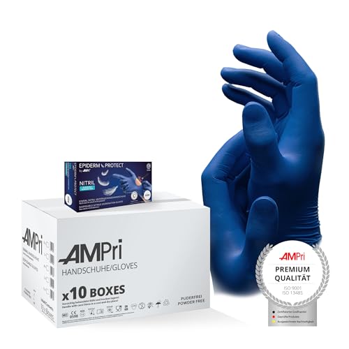 AMPri Guantes de nitrilo Low Derma, color azul metálico, 10 cajas de 100 unidades, talla XS, sin polvo, EpidermProtect by Med-Comfort: guantes desechables de nitrilo en las tallas XS, S, M, L, XL