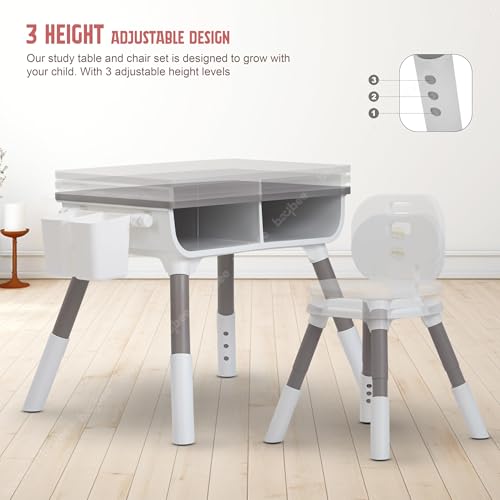 Image of BAYBEE Brilo Kids Study Table for Students with Chair, 3 Height Adjustable Table & Storage | Desk & Chair Set for Kids at Home or School | Reading & Writing Study Table (Wooden Grey)