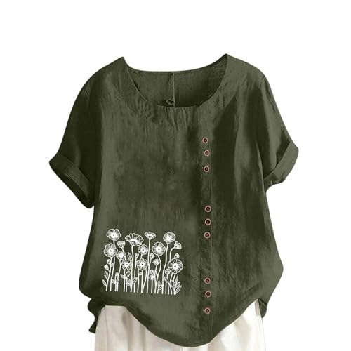 TRIGLICOLEUM Blusas y túnicas para mujer Blusa de lino Botones Blusa de muselina Blusa Casual Algodón Lino Camisa Estampado Floral Tops Manga Corta Cuello Redondo Camiseta Verano Túnica Tops Tallas