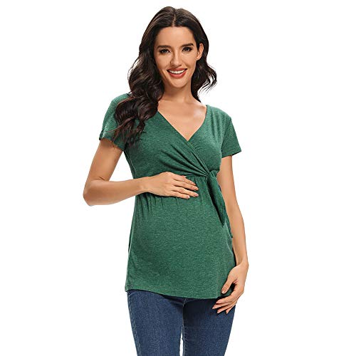 Image of Women's Nursing Tops Cute Maternity Shirt Summer Short Sleeve V-Neck Tie Front Tees Pregnancy Nursing Clothing