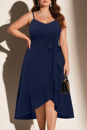Image of Pinup Fashion Plus Size Cocktail Party Wedding Guest Semi Formal Midi Dress | Sexy V-neck, adjustable spaghetti strap, belted waist, fit and flare, flowy high-low ruffle hem, ideal for prom, homecoming