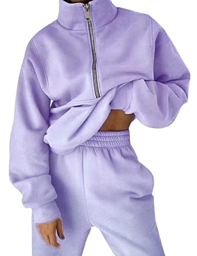 Flygo Womens Fleece 2 Piece Outfits Sweatsuit Half Zip Pullover Sweatshirt Joggers Pants Tracksuit Set (Purple-S) #TOP1