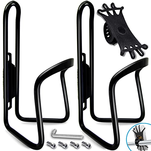 2 Pack-Water Bottle Cages (With Silicone Phone Mount), Upgrade Alloy Aluminum Lightweight Water Bottle Holder Cages Brackets,Bicycle Water Bottle Cage For Road&Mountain Bikes(Drilled Holes Required) #TOP23