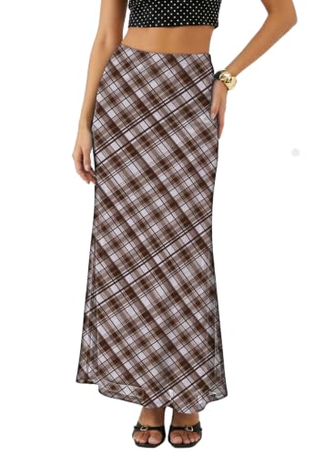 BLENCOT Women's Plaid Maxi Skirt Elastic High Waisted A-Line Long Mesh Skirts Casual Summer Beach Vacation Outfits Brown Large