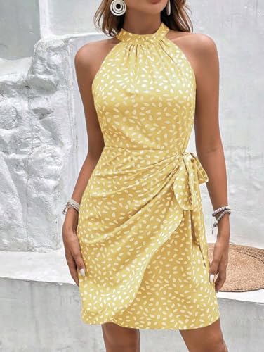 Image of LIGHT DOT Women's Summer Dress Dot Print Halter Neck Tie Waist Casual Zipper Back Sundress Vacation Outfits