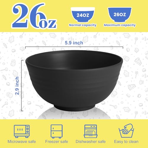 Image of Wheat Straw Bowls Set of 6, Unbreakable Lightweight 26 OZ Cereal Bowls for Kitchen, Reusable Salad Bowl, Microwave & Dishwasher Safe Bowl Set, Black