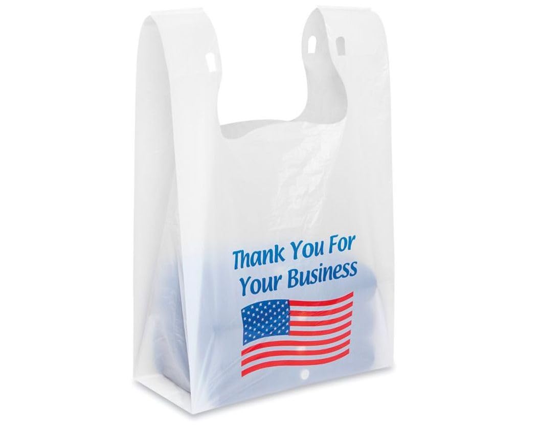 Charm Your Prince 100 USA Flag Disposable Patriotic Plastic American T-Shirt Shopping Gift Bags with Handles - Medium - 11 1/2" x 6" x 21"