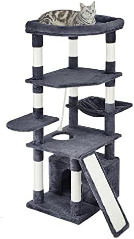 Pesofer 55.9 Inches Cat Tree Multi Level Cat Tower with Sisal-Covered Scratching Posts, Kitty Playhouse and Large Top Perch Dark Gray