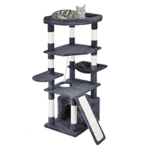 Pesofer 55.9 Inches Cat Tree Multi Level Cat Tower With Sisal-Covered Scratching Posts, Kitty Playhouse And Large Top Perch Dark Gray #TOP1
