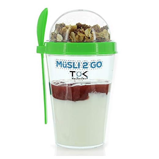 Tok® - Vaso de cereales para llevar con cuchara, completamente hermético, sin BPA, reutilizable, 450 ml y tapa de 150 ml, para llevar aperitivos saludables en los viajes (verde)