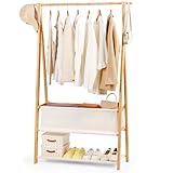 Relquorax Bamboo Clothes Rack with Storage Box and Storage Shelf, Portable Extra Large Garment Rack Clothing Rack, Foldable Wardrobe For Entryway and Bed Room (M - 39.4 Inch)