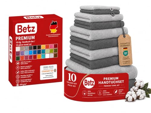 Betz Premium Handtuch-Set 10-teilig – 100% Baumwolle – Oeko-TEX® Zertifiziert – saugfähig&weich – 470g/m² – Duschtücher, Handtücher, Gästetücher & Waschhandschuhe – Farbe Anthrazit & Silber Grau