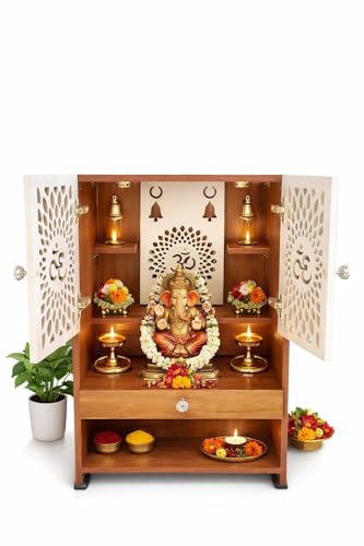 Image of Wooden Pooja Mandir, Brown Finish, Engineer Wood Temple with LED Lights, Om Design Doors, Storage Drawer, Size 13x20x30 inch