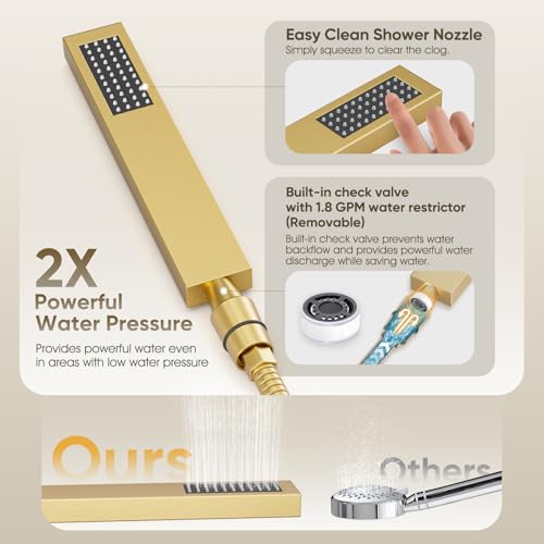 Juego de grifo para ducha en oro cepillado con cabezales de ducha lluvia de 10" y 8" | Sistema de ducha metálico completo para dos personas, cabezal de ducha de pared con rociador manual, válvula de ducha de 3 vías y kit de acabados miniatura 5
