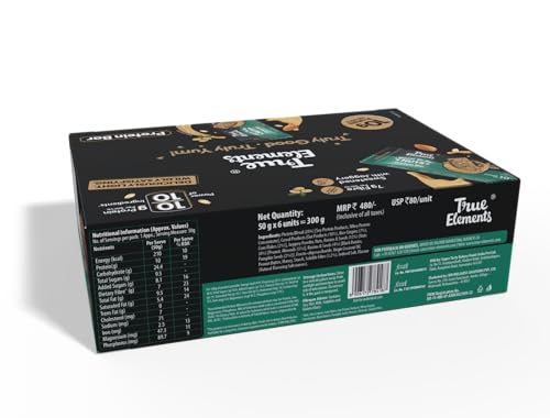 Image of True Elements Born To Be Nuts Protein Bar 300gm (Pack of 6 * 50g) - Crunchy Protein Bar | 10g Protein + 7g Fibre | Sweetened with Jaggery | Healthy Protein Snack