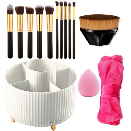 Kit de Maquiagem Profissional, Organizador de Pinceis de Maquiagem 360o Bege,11 Pincéis Kabuki, Espo