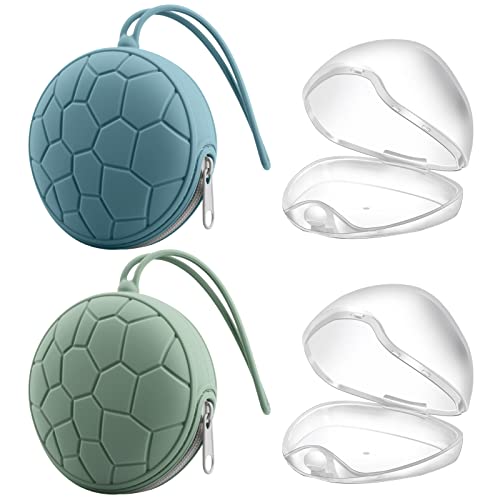 Image of 4 Pieces Pacifier Holder Case Set, Baby Silicone Pacifier Holder Case w/Transparent Pacifier Storage Box, Protective Storage Container Attaches to Strollers & Diaper Bags, Easy to Clean (Blue,Green)