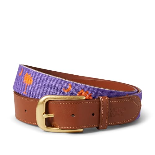 Palmetto Golf & Belts, Handmade Palmetto Tree Needlepoint Golf Belt, Purple Clemson backdrop with Orange Palmetto Tree2