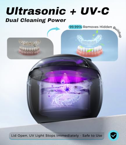 Image of Ultrasonic Retainer Cleaner Machine, 45kHz Deep Gentle Dental Cleaning Pod with 304 Stainless Steel Tank, 4 Cleaning Modes for Aligners, Dentures, Mouth Guards, Night Guards, Light Black