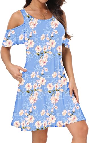 Image of Short /Long Sleeve Women's Cold Shoulder Dress with Pockets Casual Swing T-Shirt Dresses
