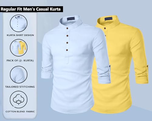 Image of Zombom Men's Combo Cotton Polyester Blend Solid Full Sleeve Straight Regular Fit Mandarin /Chinese Collor Kurta (Pack of 2)