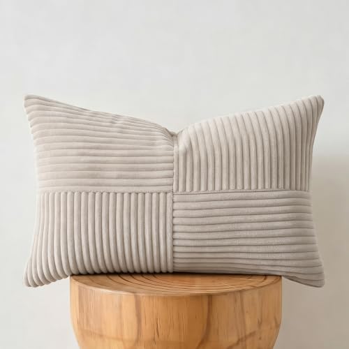 Fancy Homi Taupe Lumbar Decorative Throw Pillow Covers 26x16 Inch for Living Room Couch Bed Sofa, Farmhouse Home Decor, Soft Striped Corduroy Rectangle Accent Cushion Case 40x65 cm
