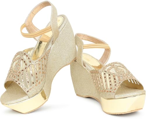 Image of Action Women's Glitter Platform Sandals| Block Heel|Cross-Strap Design with Ankle Strap| Bronze