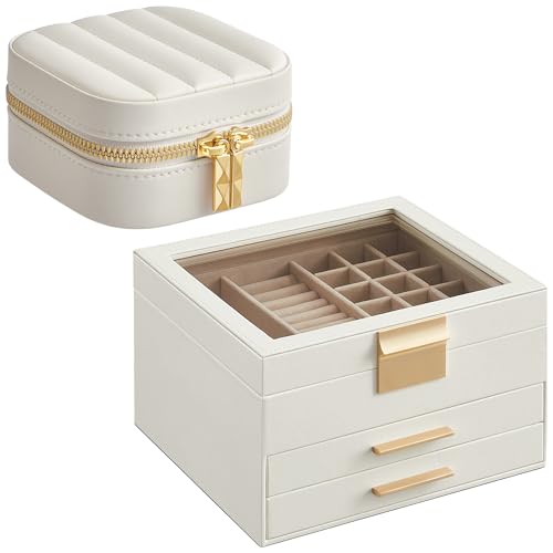 SONGMICS 3-Tier Jewelry Organizer with Glass Lid and Square Travel Jewelry Box Bundle, with Drawers, Mirror, PU, Modern, Gift Idea, Cloud White UJBC239WT and UJBC179W01