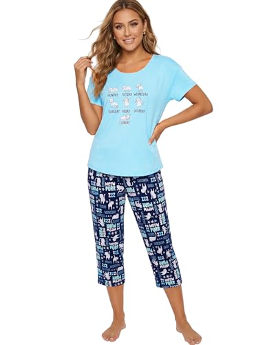 Image of CHUNG Women Cotton Pajama Sets Sleepwear pjs Short Sleeve Shirt Capri Length Crop Pants Cute Vivid Print