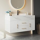 Weibath 39' White Floating Bathroom Vanity with Sink, Wall Mounted Bathroom Cabinet with Sintered Stone Top, Modern Single Sink Vanity for Bathroom
