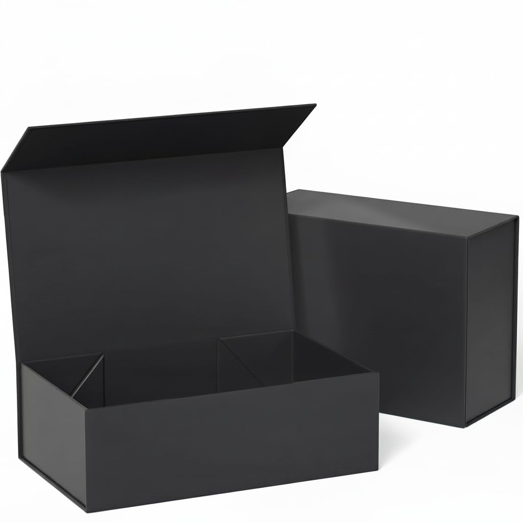 2-Pack Black Magnetic Gift Boxes 33 × 25 × 12 cm – Large Foldable Magnetic Gift Box, Reusable Luxury Hamper Box for Home & Small Business Gifting
