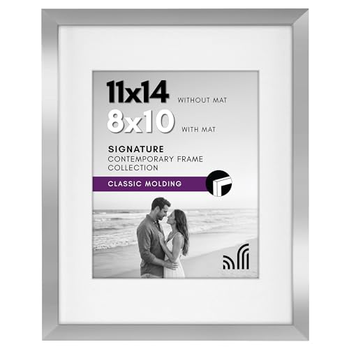 Americanflat 11x14 Picture Frame with Shatter-Resistant Glass - Use as 8x10 Frame with Mat or Display 11x14 Photo Without Mat - Signature Collection - Picture Frames for Wall Display - Silver