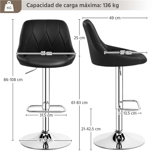 Miniatura 3 de Yaheetech Juego De 2 Taburetes De Bar De Altura Ajustable 86-107,5 Cm Sillas De Bar Asiento Giratorio Reposapiés Cuadrado Estructura De Metal Negro