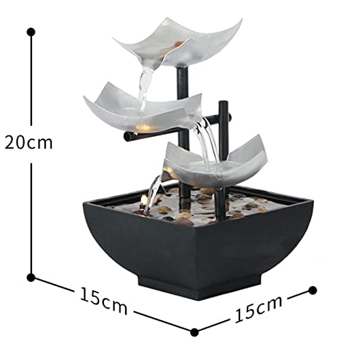 Tuzsocr Zimmerbrunnen 3 Ebenen, Tischbrunnen Wasserfall mit LED Beleuchtung, Moderne Zen Tischdekoration, Meditation & Entspannung, für Haus, Büro, Garten, Wohnzimmer,H 20 cm (Silber)
