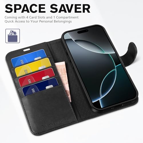 TUCCH Case Wallet for iPhone 16 Pro, RFID Blocking [4 Card Holder] Kickstand [Shockproof TPU Inner Shell] PU Leather Magnetic Protective Flip Cover 6.3“ 2024, Black by TUCCH - Used condition - Image 7