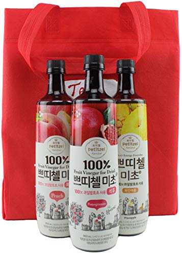 Korean CJ Petitzel Fruit Vinegar Drink Concentrate, 3 Bottle Set: Peach, Pineapple, Pomegranate, 91 Fl Ounces