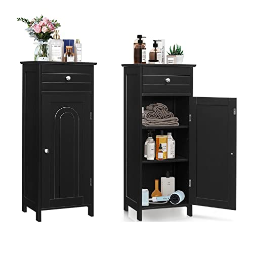 GIANTEX Badezimmerschrank Badschrank mit Schublade & 3 Einlegeböden, Bodenschrank Toilettenschrank kompakt und platzsparend, Standschrank Midischrank bodenstehend, Badkommode 35,5x30,5x88 cm (Schwarz)