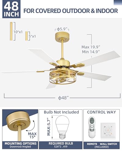 Image of YOUKAIN 48 Inch Ceiling Fans with Lights, Farmhouse Ceiling Fans with Wall Switch and Remote Control, 5-Reversible, Gold Finish, Outdoor Ceiling Fan for Cover Patio, 48-YJ632-GDW-WS