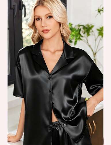 Image of Ekouaer Womens Satin Pajama Set Short Sleeve Button Down Sleepwear 2 Piece Silky Pj Set Soft Loungewear for Ladies