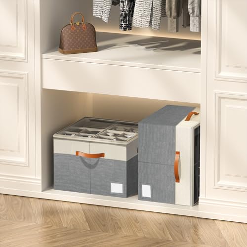Image of Aokeyee Shoe Organizer for Closet,2 Pack Foldable Shoe Storage Organizer Box Bin with Adjustable Dividers and Clear Cover, Fits up to 16-32 Pairs