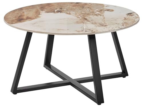 Beliani Table Basse Moderne Plateau en Céramique Cadre en Métal Rond Effet Marbre Noir et Blanc Ivins