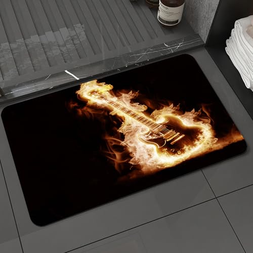 KDWJS Alfombra de Baño Antideslizante, Súper Absorbente Alfombras Ducha, Alfombrilla baño, Fácil de Limpiar,Guitarra electrónica Envuelta en Llamas sobre un Fondo Negro.,40x60 cm