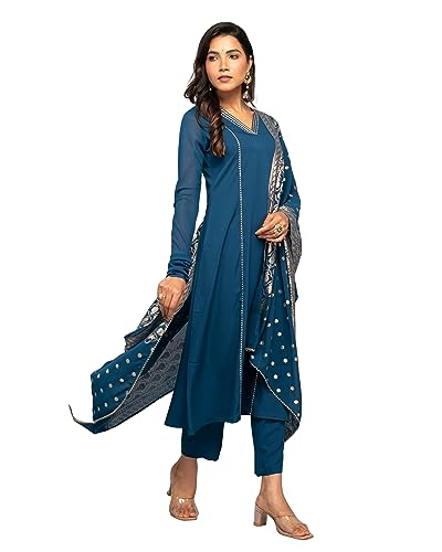 Image of FIORRA Women's Teal Blue Crepe A-line Kurta with Pant and Dupatta