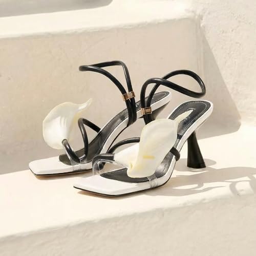 Image of LACIKOSZ Flower Kitten Heel Sandals for Women Calla Lily Green Heels Square Open Toe Floral Strappy Low Heel Sandals Summer Dressy Wedding Shoes