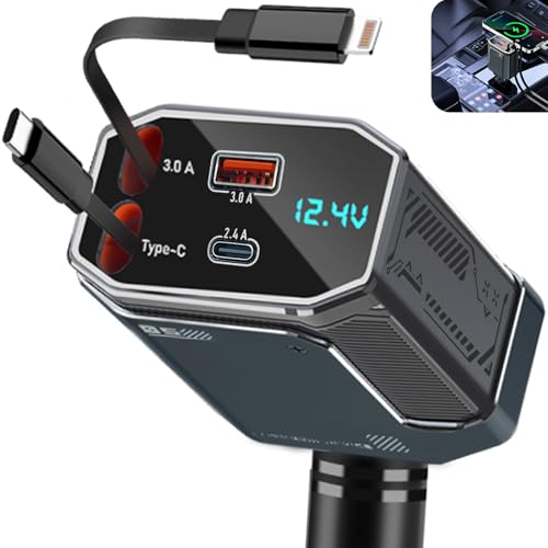 Retractable Car Charger Adapter,4 in 1 Fast Charging Car Adapter,85W USB C Truck Accessories,Voltage Display, Gifts for Women Men,Compatible with iPhone 16 15 14 13 12 Pro Max Plus,Galaxy,Pixel