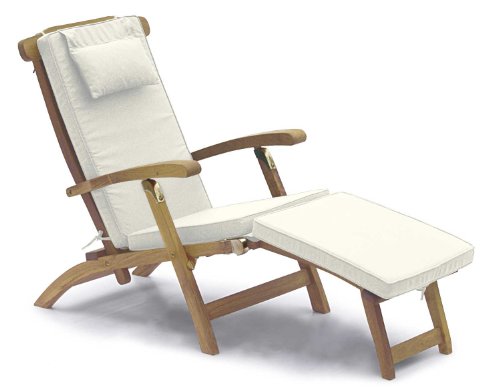 Image of Jati Wooden Garden Steamer Chair with Cushion (Natural) - Foldable | Reclining Backrest | Removable Footrest | Delivered Ready-Assembled
