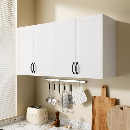 VAFHYLLIS White Wall Mounted Laundry Room Floating Cabinet with 2 Doors 2 Handles, Adjustable Utility Shelf, Safe Kitchen Bathroom Hanging Organization Storage Cupboard 23.62" L × 11.22" W × 23.62" H