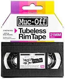 Muc-Off 20069 Tubeless Rim Tape, 21mm - Pressure-Sensitive Adhesive Rim Tape For Tubeless Bike Tyre Setups - 10 Metre Roll With 4 Seal Patches