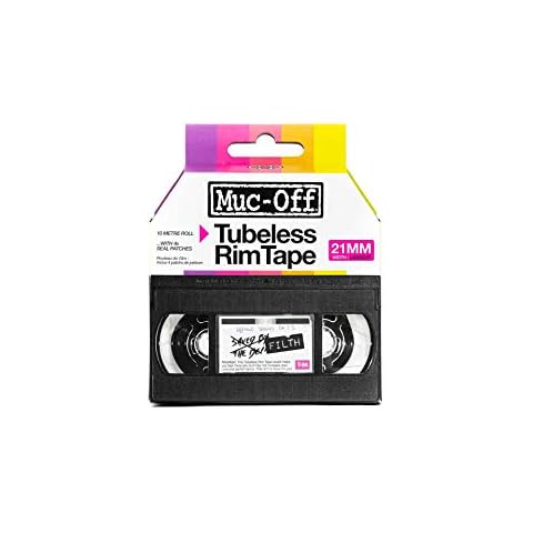 Muc-Off 20069 Tubeless Rim Tape, 21mm - Pressure-Sensitive Adhesive Rim Tape For Tubeless Bike Tyre Setups - 10 Metre Roll With 4 Seal Patches Cover